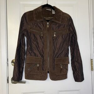 Vintage Chicos Brown Leather Suede Trim‎ Nylon Jacket Size 0 Zipper Pockets Boho